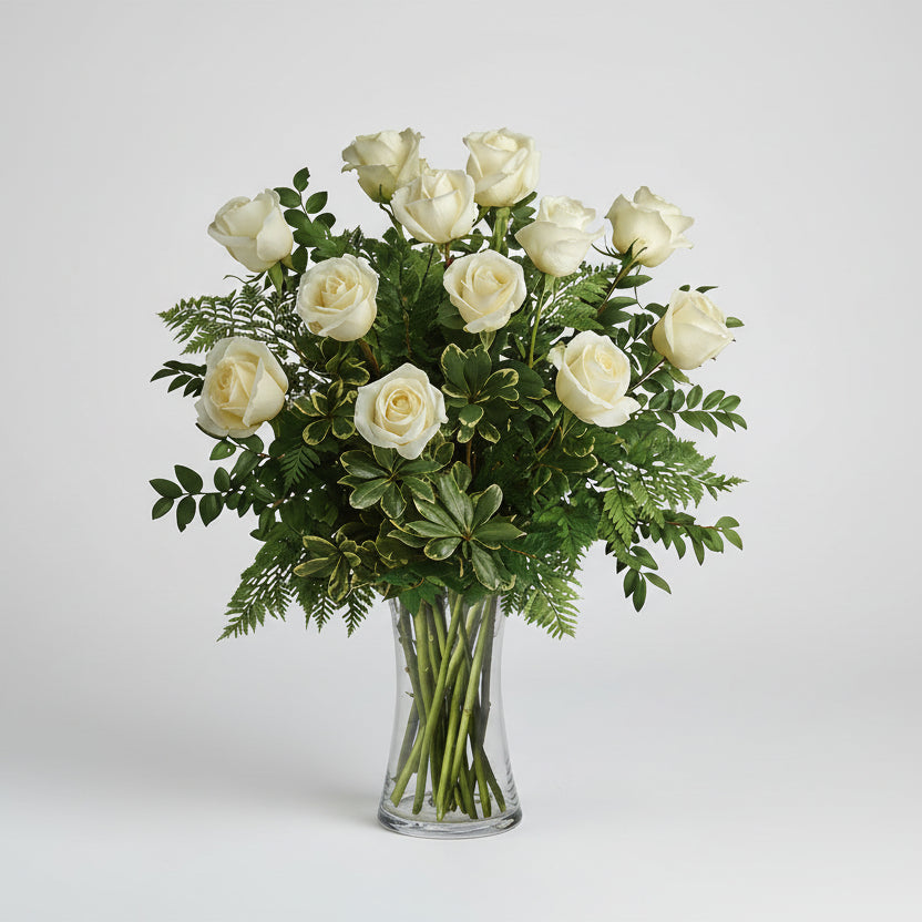 Dozen White Roses In Vase