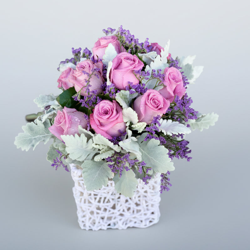 White Basket with Pink Roses