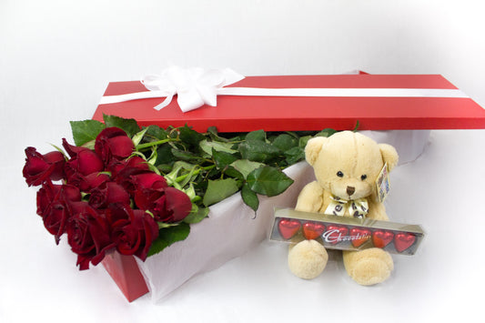 Dozen Long Stem Roses (Including Teddy-bear & Chocolates)