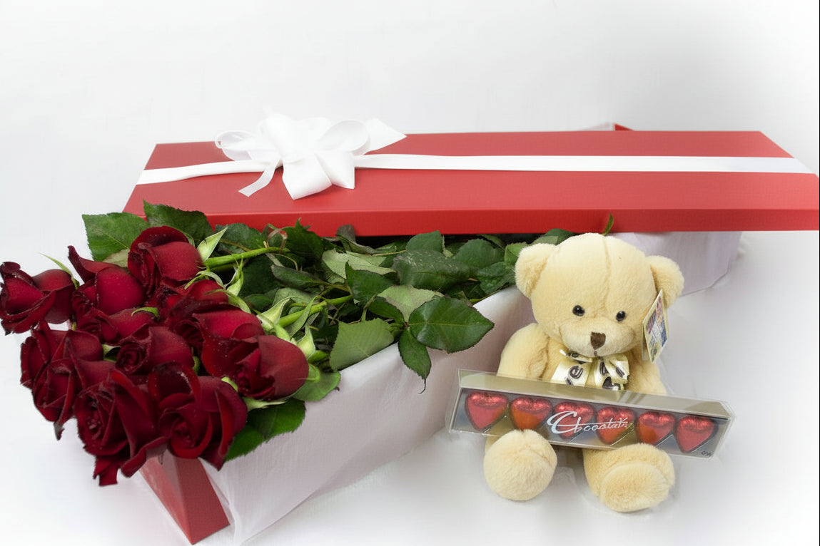Dozen Long Stem Roses (Including Teddy-bear & Chocolates)