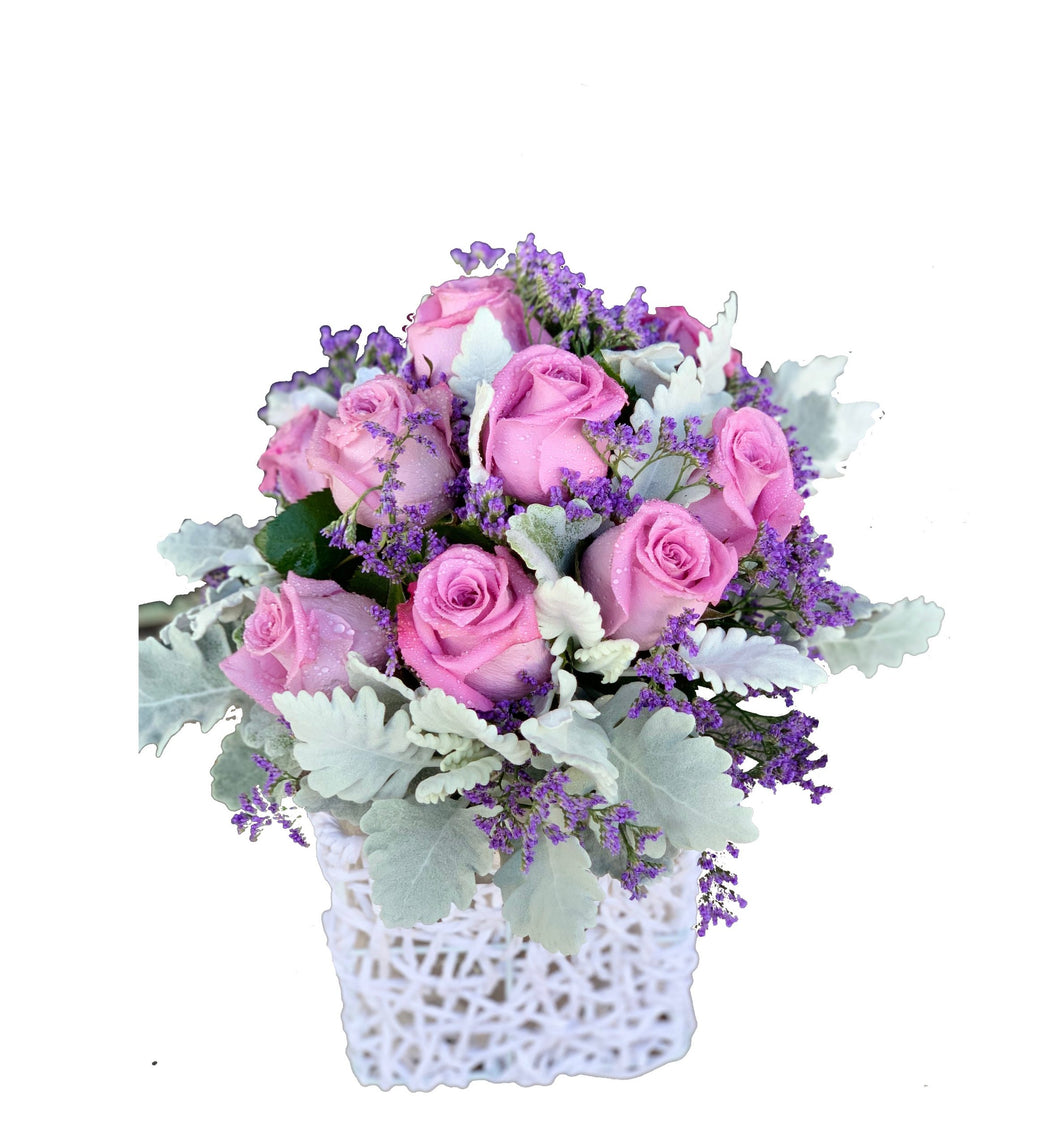 White Basket with Pink Roses